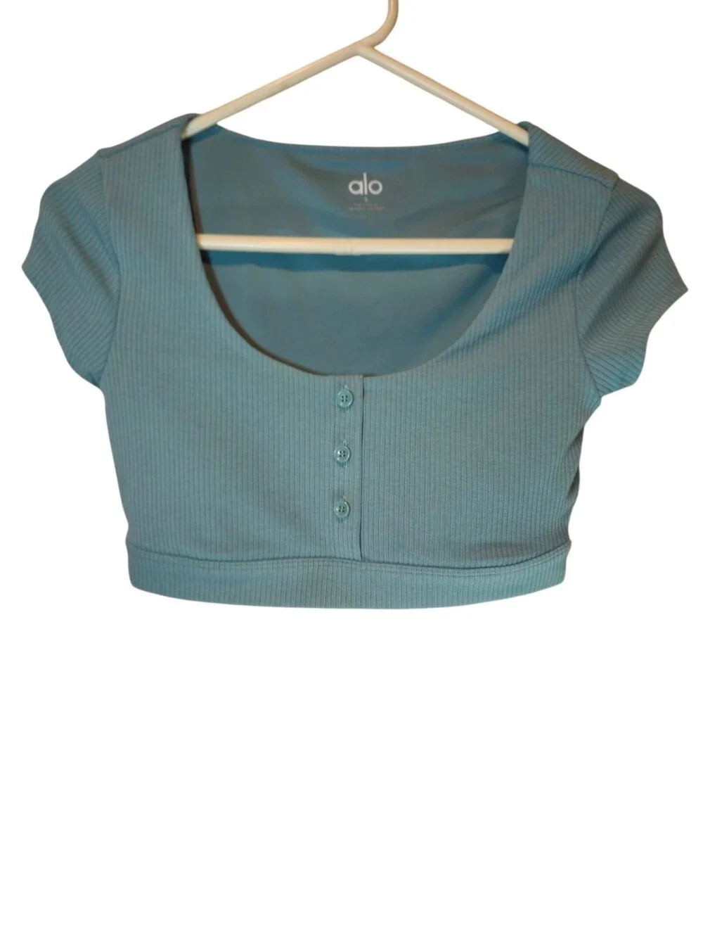Alo Yoga Blissful Henley Bra Top Blue Haze Ribbed Crop Top Size Small